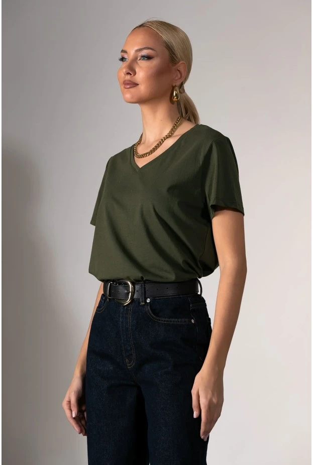 Basic t-shirt με v λαιμόκοψη χακί