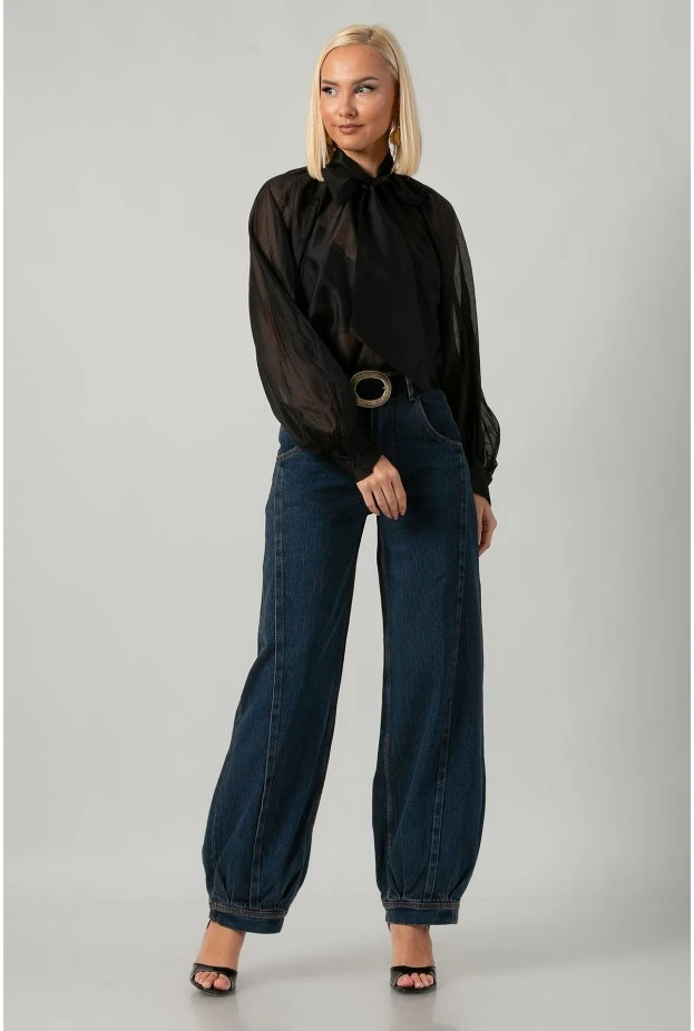 Μπλούζα με διαφάνεια και δέσιμο στο λαιμό μαύρο