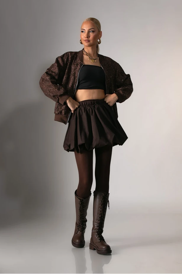 Balloon φούστα-σορτς με λεπτομέρεια δαντέλα στην μέση καφέ 