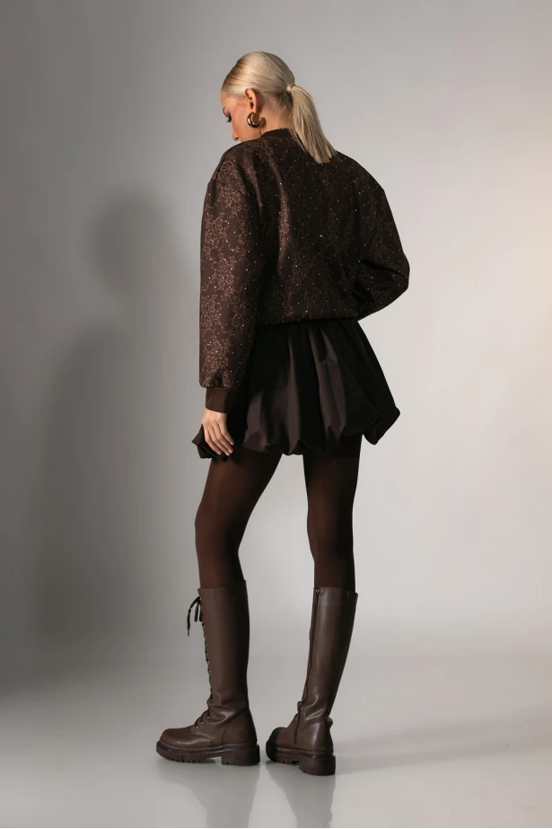 Balloon φούστα-σορτς με λεπτομέρεια δαντέλα στην μέση καφέ 