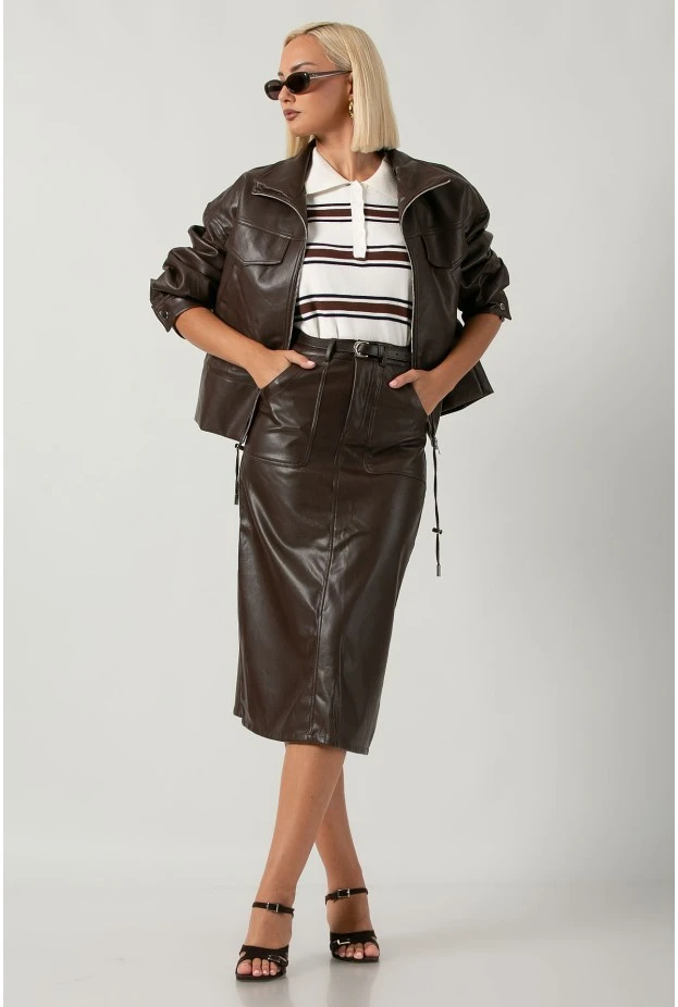 Leather μίντι φούστα με ζώνη καφέ