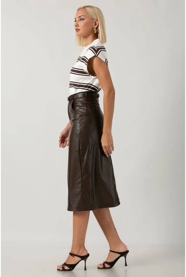 Leather μίντι φούστα με ζώνη καφέ