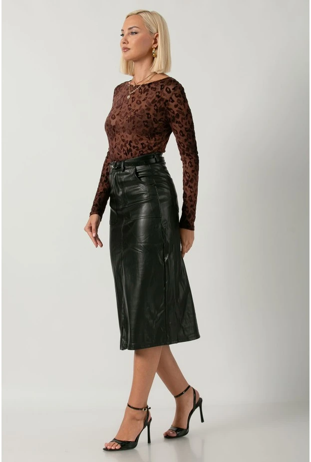 Leather μίντι φούστα με ζώνη μαύρο