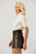 Leather μίνι φούστα με ενσωματωμένο σόρτς και ζώνη καφέ