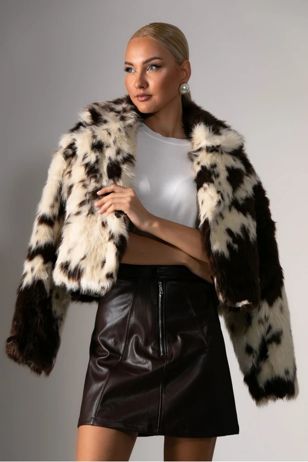 Μίνι φούστα δερματίνη με φερμουάρ καφέ