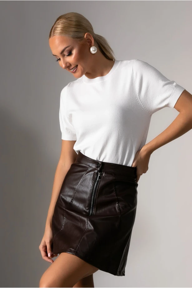 Μίνι φούστα δερματίνη με φερμουάρ καφέ