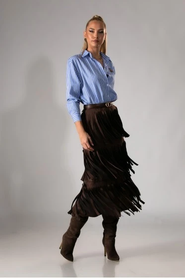 Φούστα μίντι με κρόσια και λάστιχο στην μέση καφέ