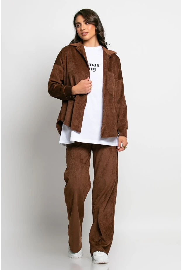 Σετ παντελόνι και oversized πουκαμίσα κοτλέ σοκολά