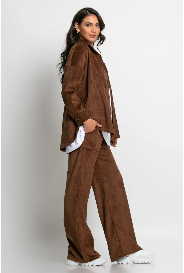 Σετ παντελόνι και oversized πουκαμίσα κοτλέ σοκολά