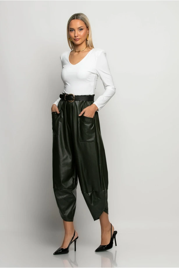 Baggy παντελόνι δερματίνη χακί Baggy παντελόνι δερματίνη χακί