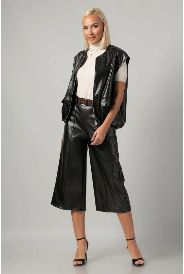 Leather ζιπ κιλότ με ζώνη μαύρο