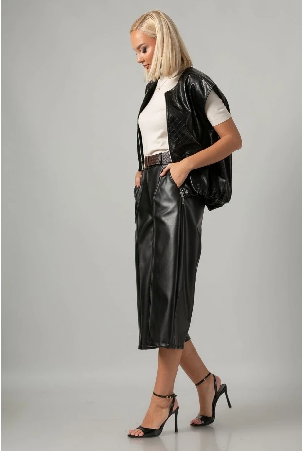 Leather ζιπ κιλότ με ζώνη μαύρο
