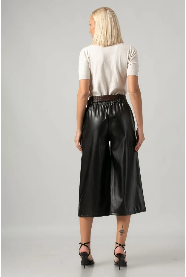 Leather ζιπ κιλότ με ζώνη μαύρο