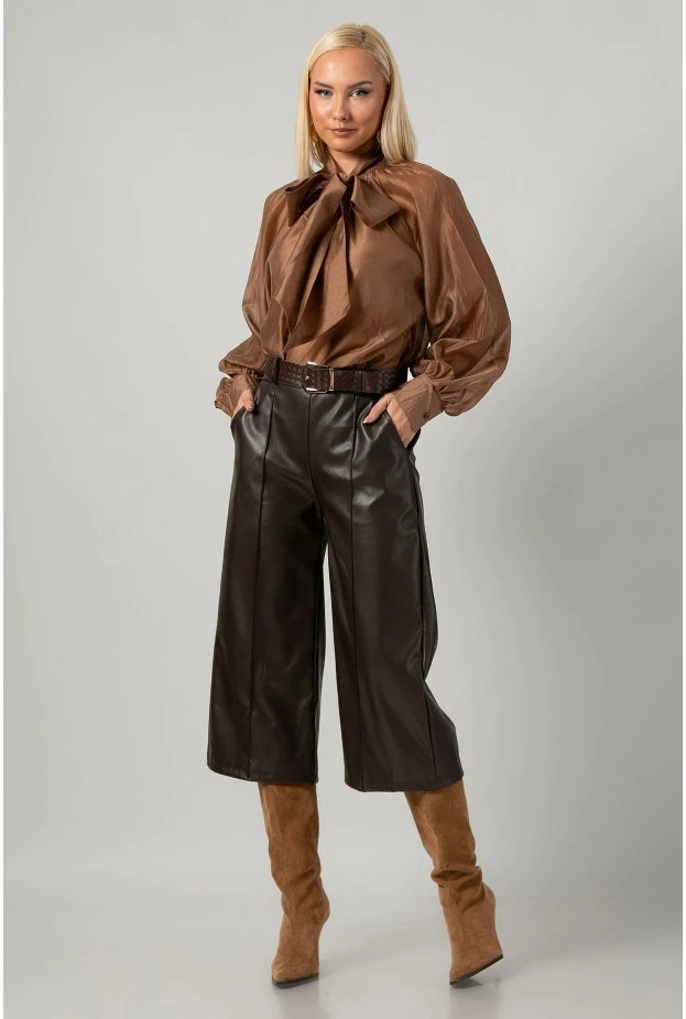 Leather ζιπ κιλότ με ζώνη καφέ