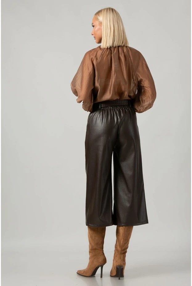 Leather ζιπ κιλότ με ζώνη καφέ
