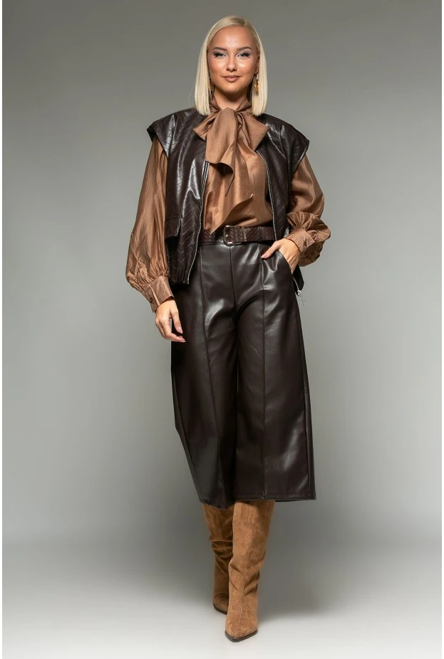 Leather ζιπ κιλότ με ζώνη καφέ