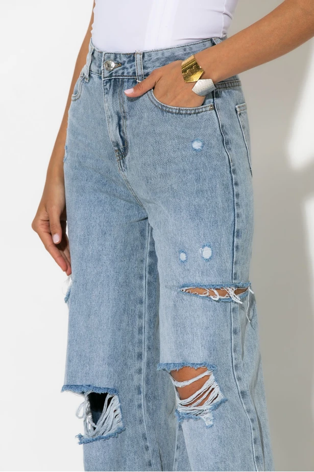 Jean wide leg με φθορές μπλε