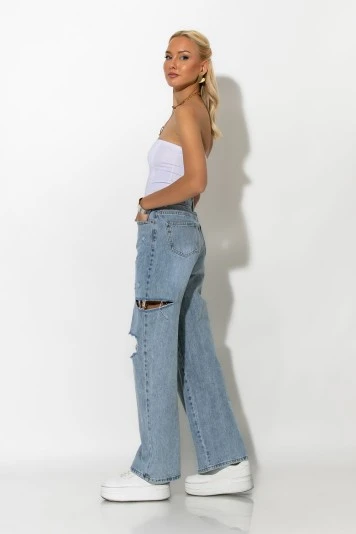 Jean wide leg με φθορές μπλε