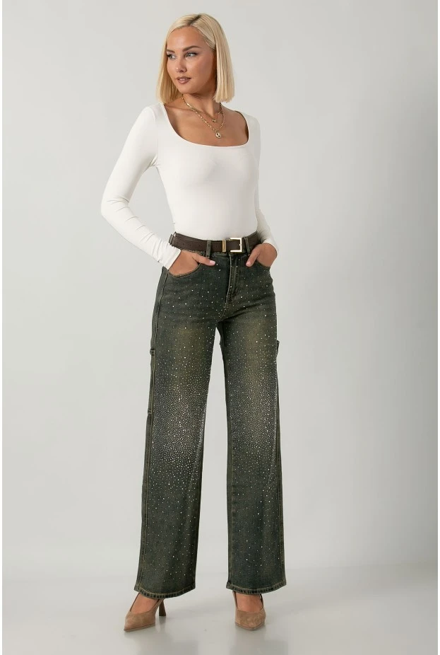 Jean straight leg με στρας dirty blue