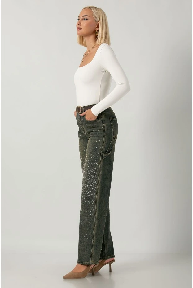 Jean straight leg με στρας dirty blue