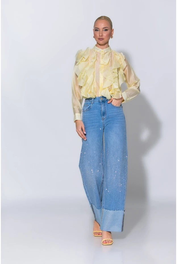 Jean straight leg με στρας και ρεβέρ μπλε