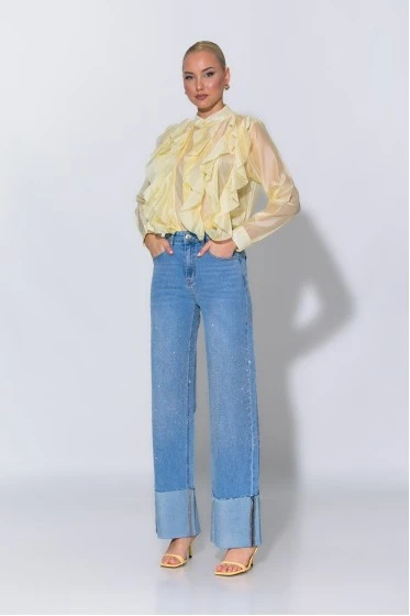Jean straight leg με στρας και ρεβέρ μπλε