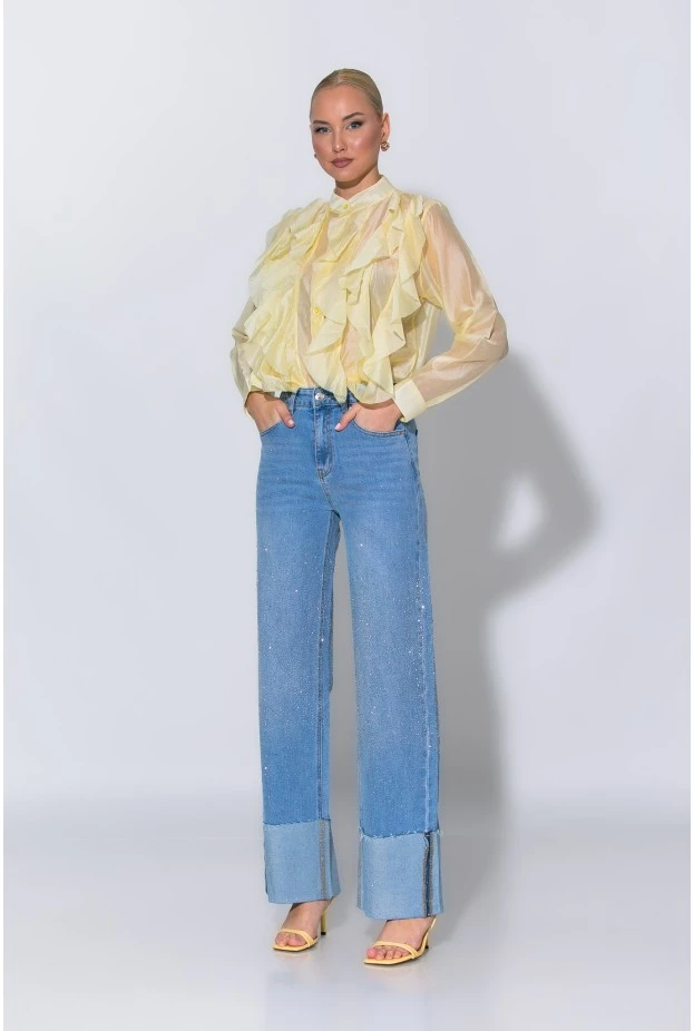 Jean straight leg με στρας και ρεβέρ μπλε