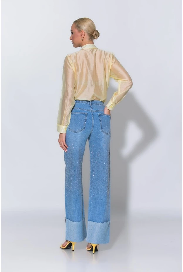 Jean straight leg με στρας και ρεβέρ μπλε
