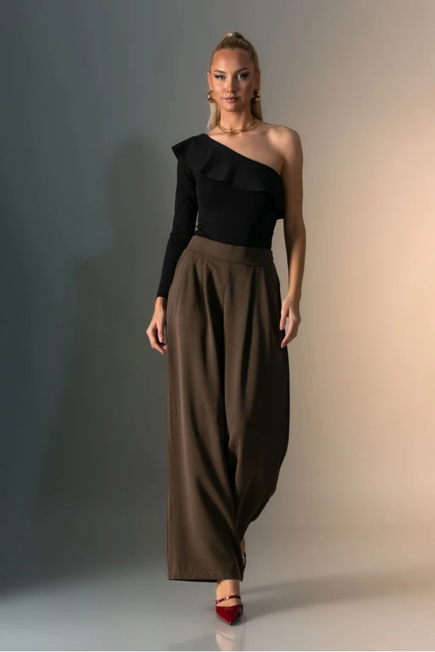 Παντελόνα με λαστιχο και πιέτες καφέ 