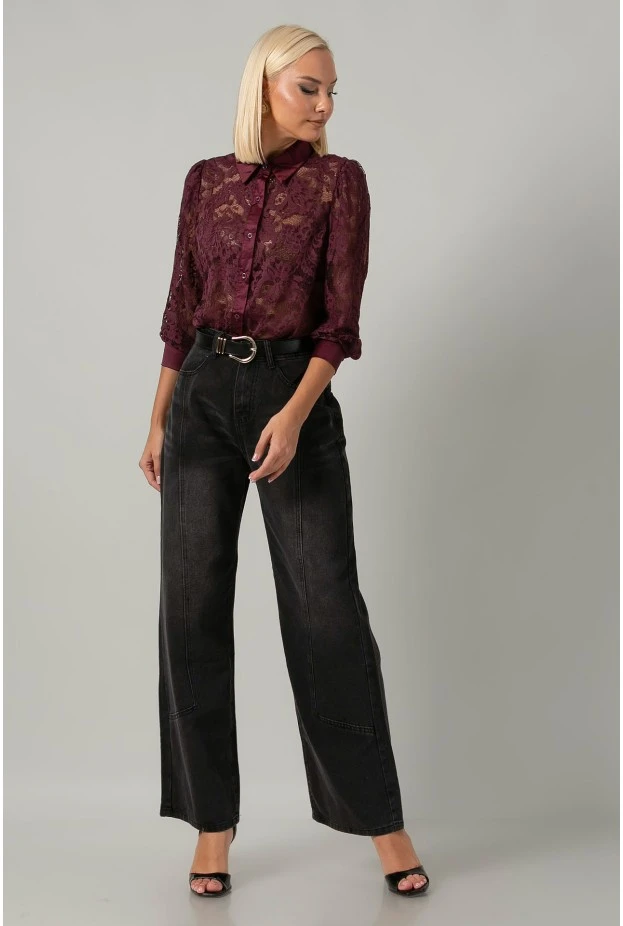 Jean wide leg με ραφές μαύρο