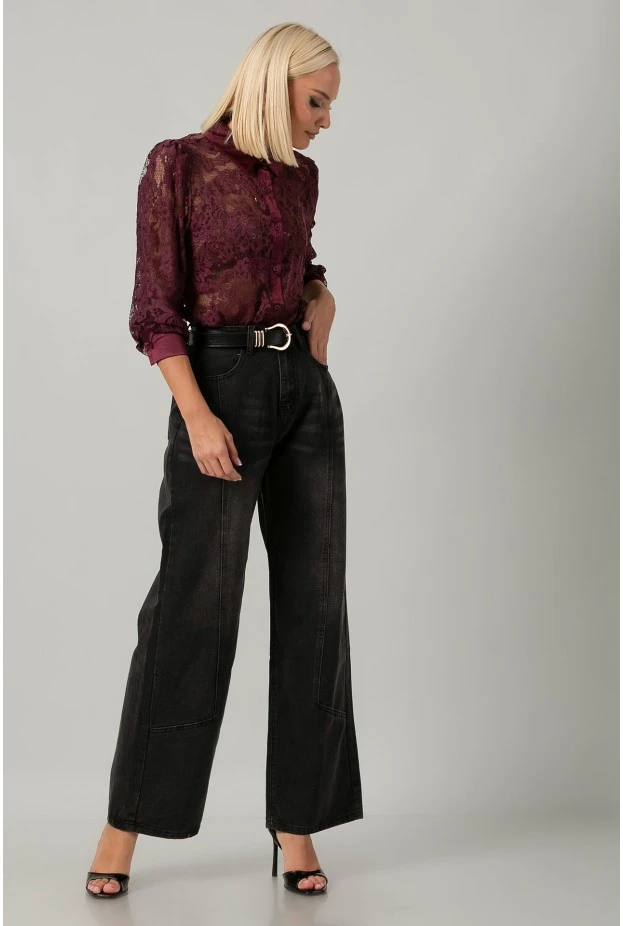 Jean wide leg με ραφές μαύρο
