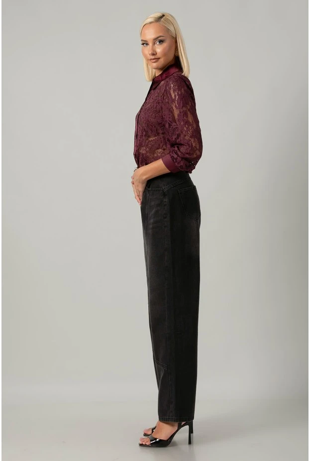Jean wide leg με ραφές μαύρο