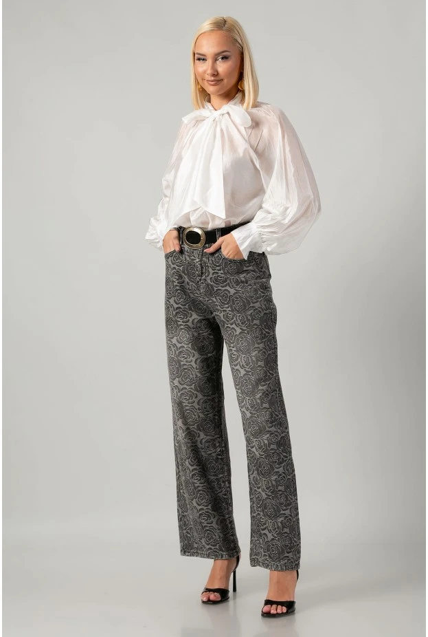 Jean wide leg με κεντητά λουλούδια ανθρακί