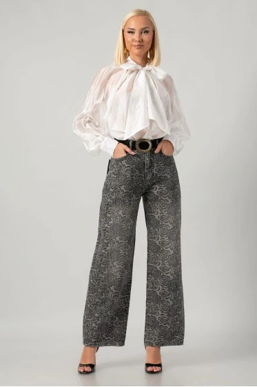 Jean wide leg με κεντητά λουλούδια ανθρακί