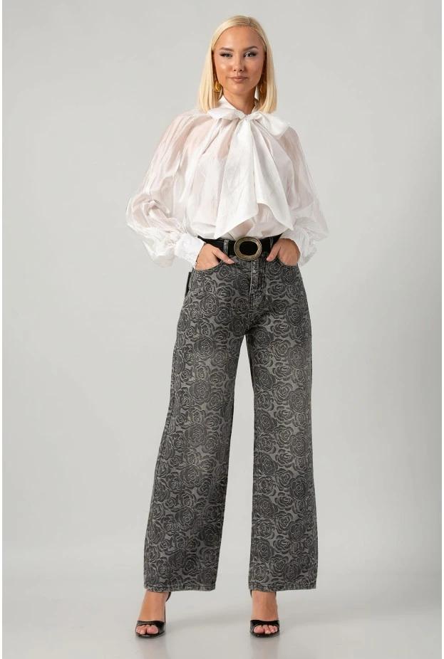 Jean wide leg με κεντητά λουλούδια ανθρακί