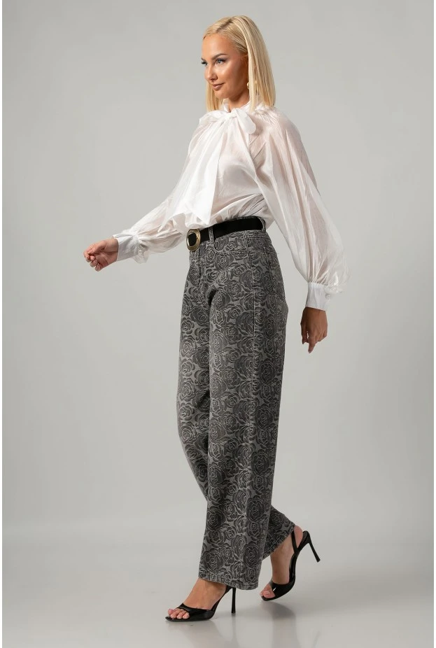 Jean wide leg με κεντητά λουλούδια ανθρακί