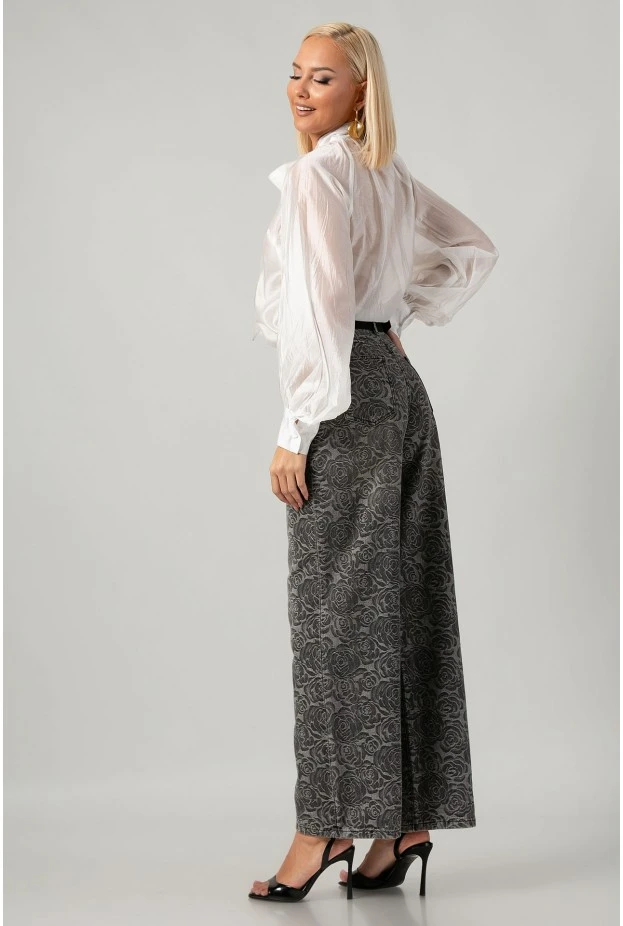 Jean wide leg με κεντητά λουλούδια ανθρακί