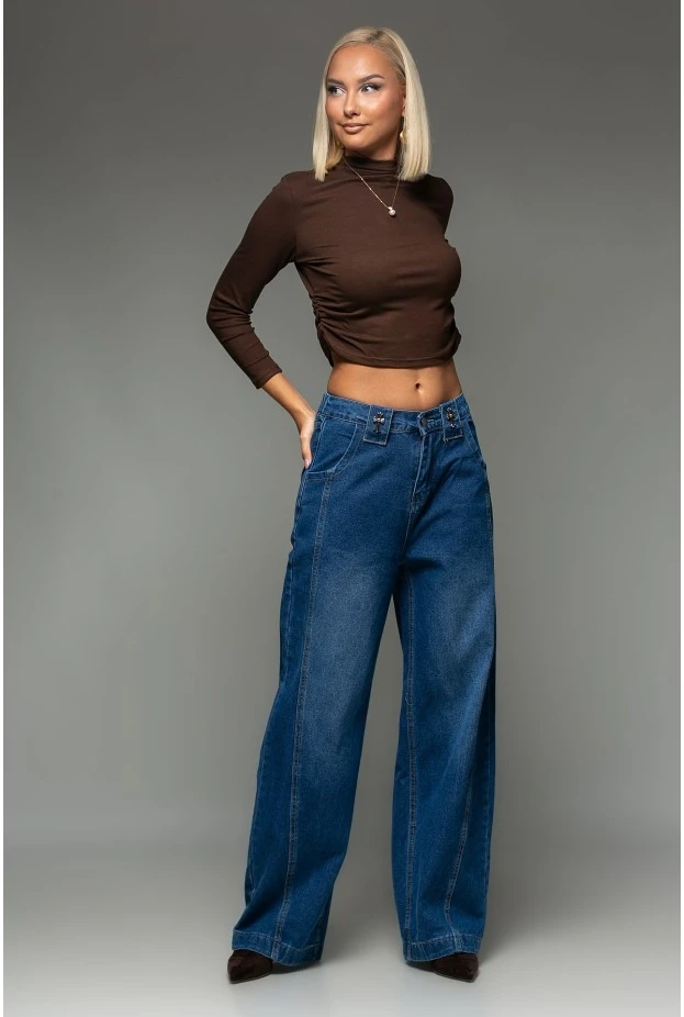 Jean wide leg με διακοσμητικούς σταυρούς και λάστιχο στη μέση μπλε