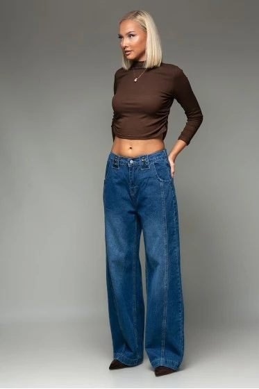 Jean wide leg με διακοσμητικούς σταυρούς και λάστιχο στη μέση μπλε