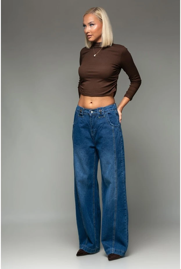 Jean wide leg με διακοσμητικούς σταυρούς και λάστιχο στη μέση μπλε