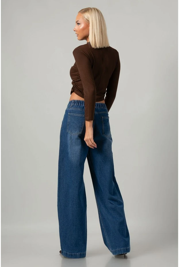 Jean wide leg με διακοσμητικούς σταυρούς και λάστιχο στη μέση μπλε