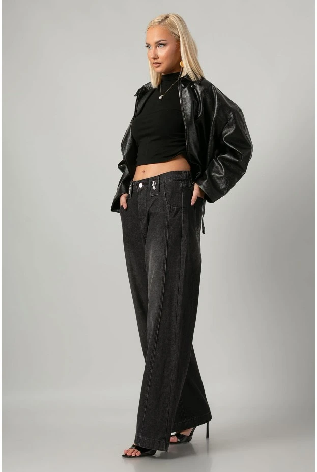 Jean wide leg με διακοσμητικούς σταυρούς και λάστιχο στη μέση μαύρο