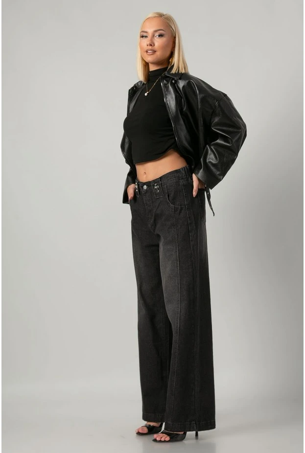 Jean wide leg με διακοσμητικούς σταυρούς και λάστιχο στη μέση μαύρο