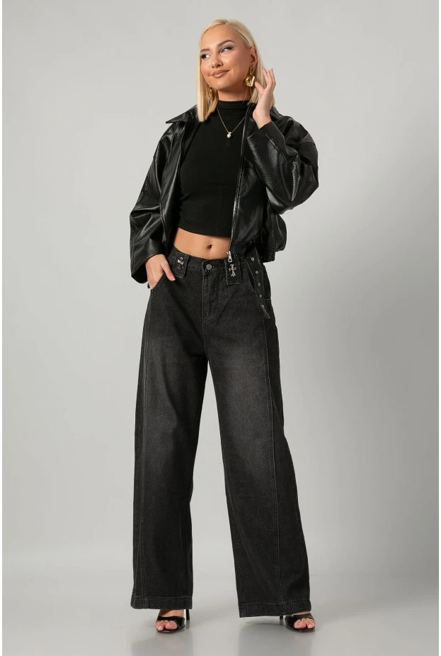 Jean wide leg με διακοσμητικούς σταυρούς και λάστιχο στη μέση μαύρο