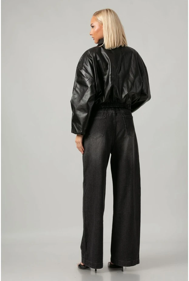 Jean wide leg με διακοσμητικούς σταυρούς και λάστιχο στη μέση μαύρο