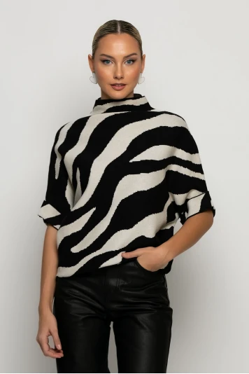 Πλεκτή μπλούζα με τρουακάρ μανίκια zebra χακί