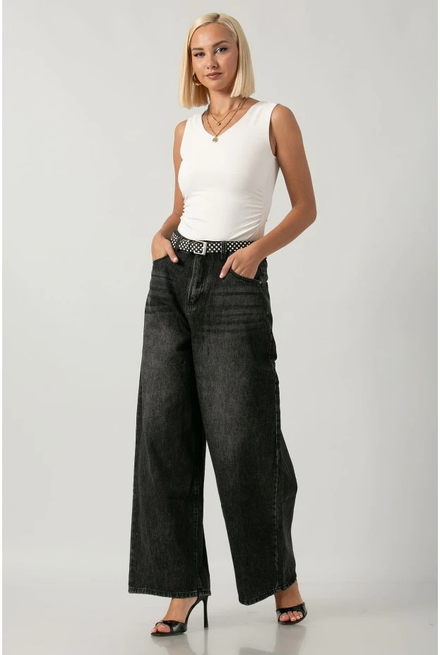 Jean wide leg με ζώνη μαύρο