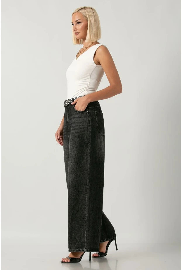 Jean wide leg με ζώνη μαύρο