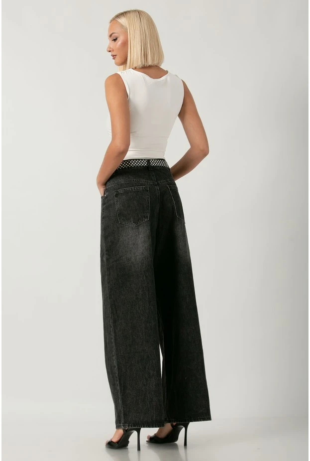 Jean wide leg με ζώνη μαύρο