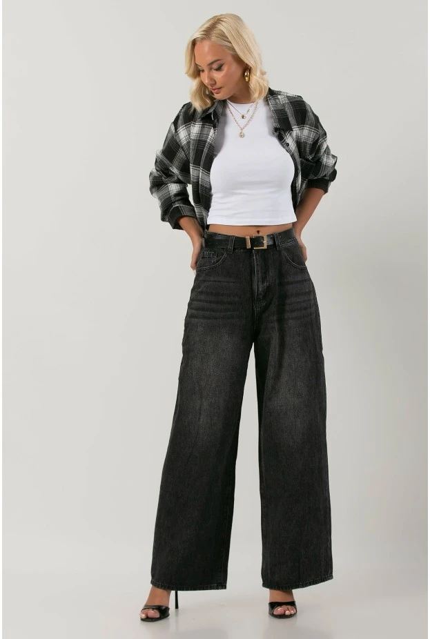Jean wide leg με ζώνη μαύρο